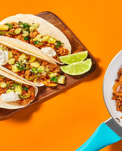 One-Pan Pineapple Salsa Pork Tacos with Cilantro & Sour Cream