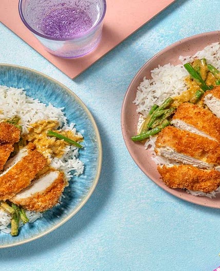 Crispy Breaded Chicken and Korma Sauce with Green Beans and Basmati Rice