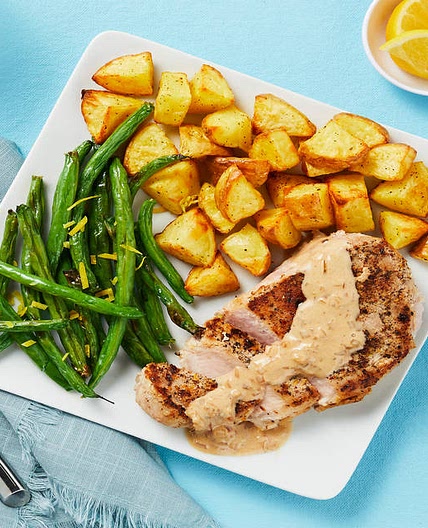 Steakhouse Pork Chops with a Creamy Shallot Pan Sauce & Lemony Green Beans