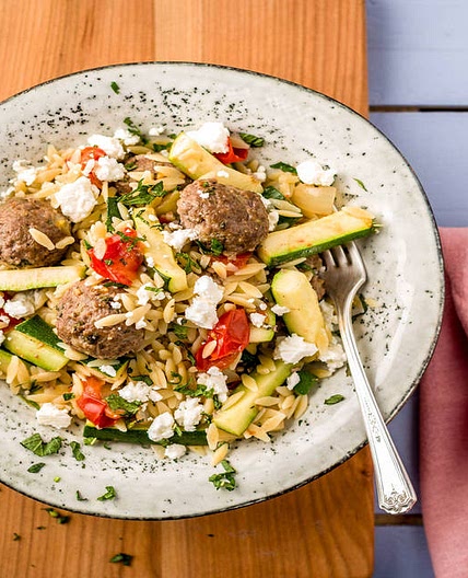 Oven Baked Greek Style Meatballs with Orzo and Veggies