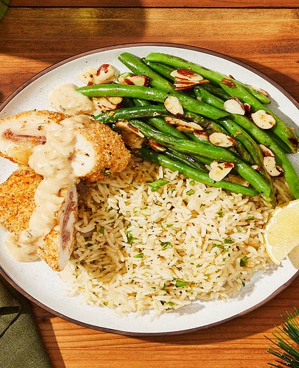 Chicken & Prosciutto Cordon Bleu with Green Beans Amandine & Herbed Rice Pilaf