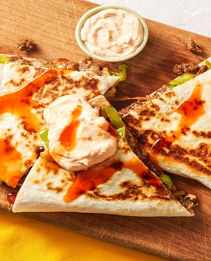 Steak & Green Pepper Quesadillas with Hot Sauce & Smoky Red Pepper Crema