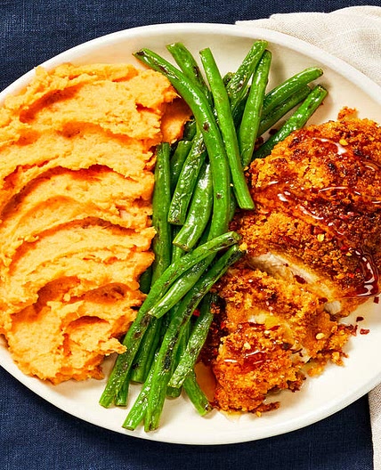 Spicy Maple Chicken with Mashed Sweet Potatoes & Roasted Green Beans