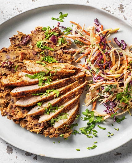 Lean Cajun Turkey Steak with Crushed Beans and Chipotle-Spiced Slaw