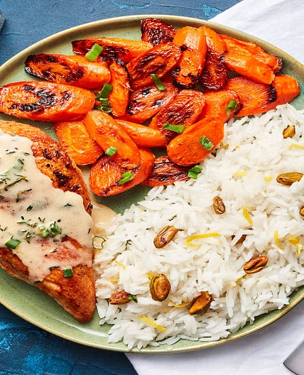 Paprika Chicken in a Lemony Sauce with Pistachio Rice & Roasted Carrots