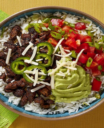 Carne Asada Steak Bowls with Tomato Scallion Salsa and Avocado Crema