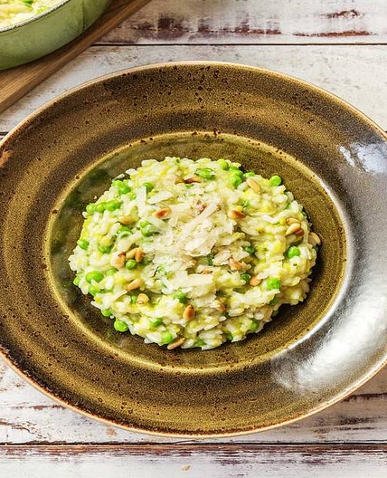 Leek and Pea Risotto with Toasted Pine Nuts