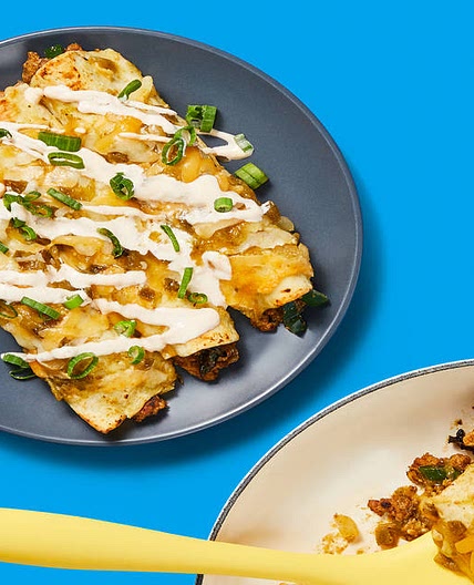 One-Pan Beef Enchiladas Verdes with Mexican Cheese & Hot Sauce Crema