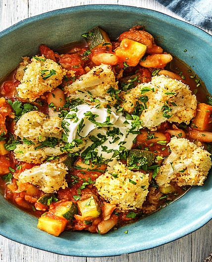 Crisp Cauliflower Nuggets with Spicy Bean Stew and Soured Cream