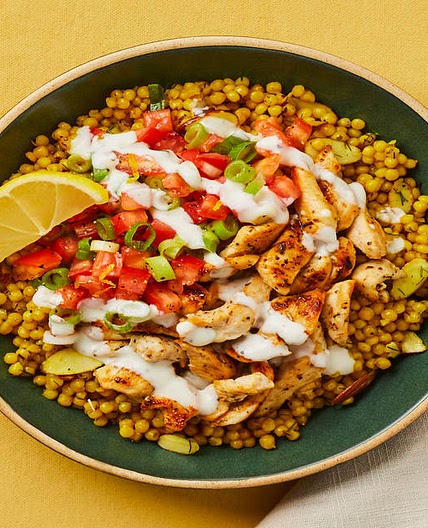 Lemon Dill Chicken & Couscous Bowls with Tomato Salad, Garlicky Yogurt Sauce & Almonds