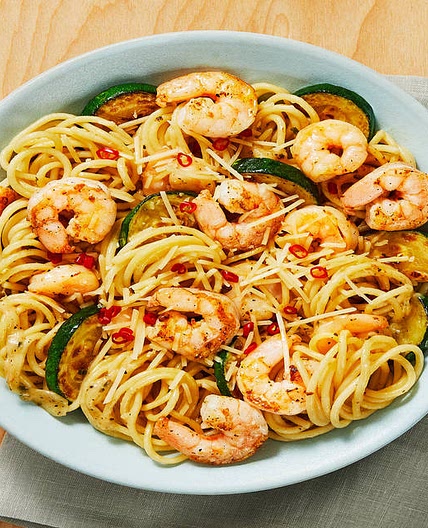 Shrimp Spaghetti with a Kick with Garlic Herb Butter & Zucchini