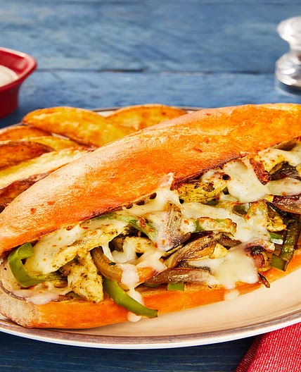 Italian Chicken & Pepper Sandos with Potato Wedges & Tangy Garlic Sauce