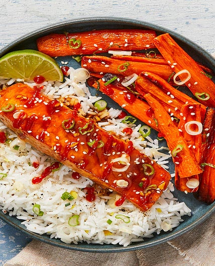 Zingy Mustard Soy Salmon with Pickled Scallions, Ginger Rice & Citrus Carrots