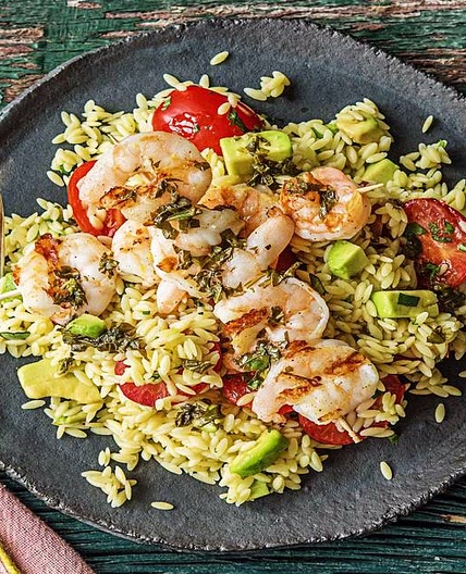 Lemon Basil Shrimp Skewers with Orzo and Avocado Salad