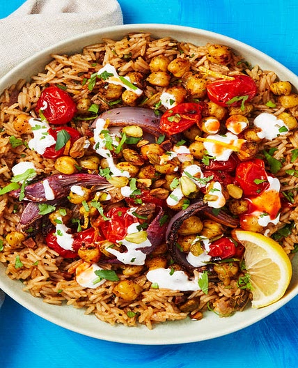 Middle Eastern Chickpea Bowls with Savory Pistachio Rice & Garlicky White Sauce