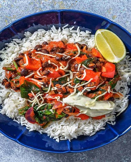 Speedy Veggie Beany Stew with Easy Rice, Cheese and Zesty Creme Fraiche