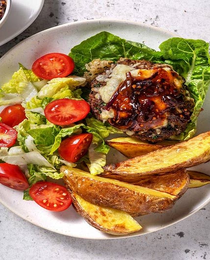Cheesy Mexican Style Spiced Naked Burger with Wedges, Baby Gem Salad and Onion Relish