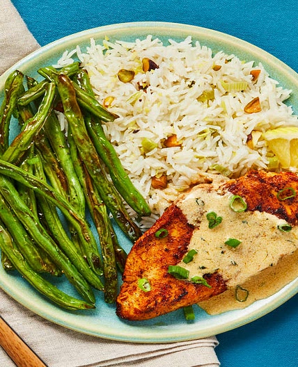 Paprika Chicken in a Lemony Sauce with Pistachio Rice & Roasted Green Beans