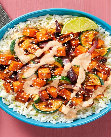 Honey Miso Sweet Potato ’Shroom Jumble over Lime Rice with Zucchini & Creamy Sriracha Sauce
