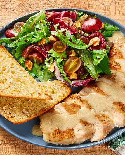 Chicken in Dijon Sauce with Balsamic Greens, Walnuts & Grapes plus Garlic Bread