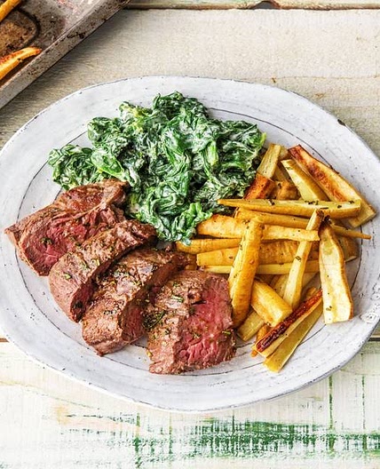 Butter-Basted Sirloin Steak with Parsnip Wedges and Creamed Spinach