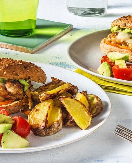 Mexican Cheesy Chicken Burger with Guacamole, Salad and Wedges