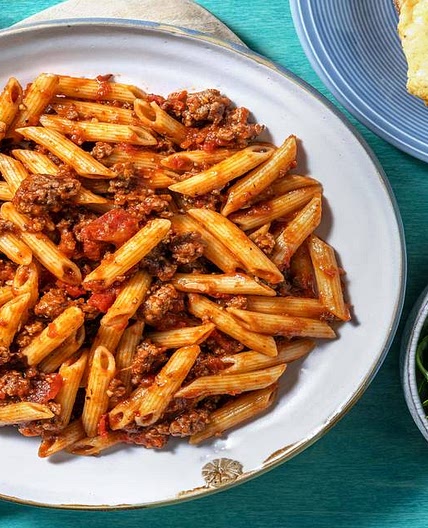 Beef Ragu Penne with Cheesy Garlic Bread