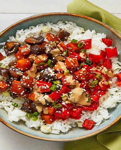 Hoisin-Sesame Roasted Veggie Bowls with Ginger Rice & Spicy Soy Mayo