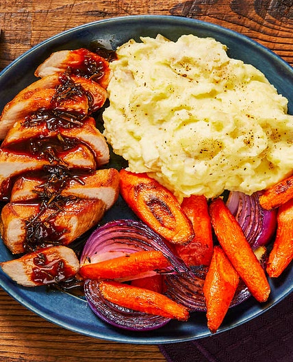 Rosemary Demi-Glace Pork Chops with Mashed Potatoes & Roasted Veggies