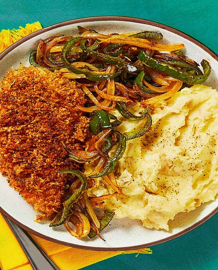Crispy Southwestern Chicken Cutlets with Monterey Jack, Mashed Potatoes, and Roasted Poblano and Onion