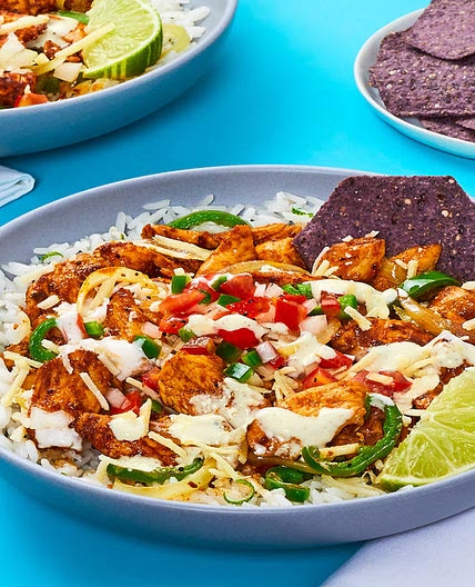Chicken Fajita Bowls with Blue Corn Tortilla Chips, Pico de Gallo & Chili Lime Crema
