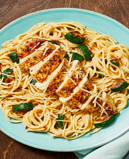 Italian Chicken over Lemony Spaghetti with Zucchini & Chili Flakes