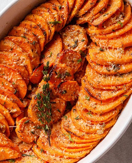 Roasted Sweet Potatoes with garlic and Parmesan