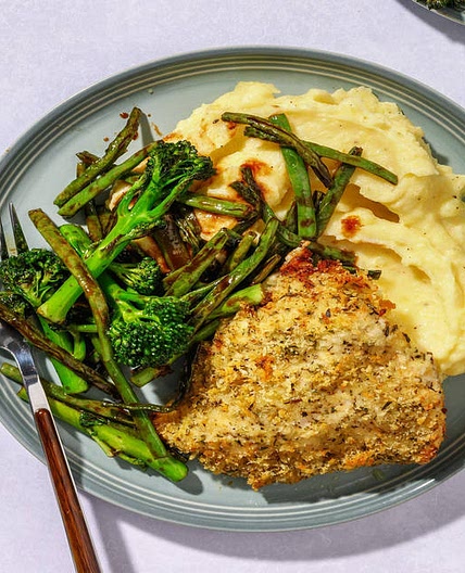 Herby Breaded Chicken Breast with Cheesy Mash, Garlicky Tenderstem® and Green Beans