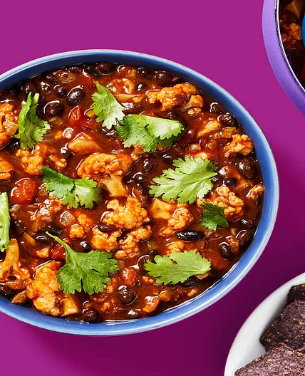 One-Pot Vegan Cauliflower & Bean Soup with Cilantro & Blue Corn Tortilla Chips