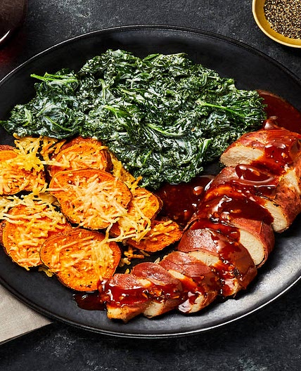 Garlic Dijon Prosciutto-Wrapped Chicken with Creamed Kale & Parmesan Shingled Sweet Potatoes