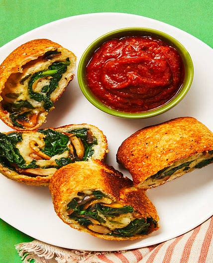 Cheesy Spinach & Mushroom Stromboli with Marinara Sauce