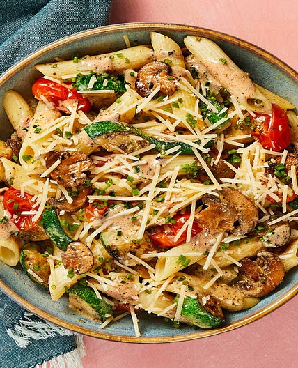 Silky Sicilian Mushroom Penne tossed with Veggies in a Cream Sauce