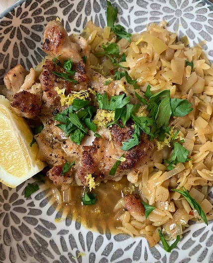 One Pan Chicken Thigh Orzo with Leeks