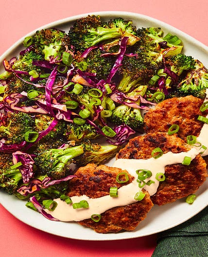 Ginger-Ponzu Turkey Patties with Broccoli Cabbage Salad & Sweet Chili Mayo