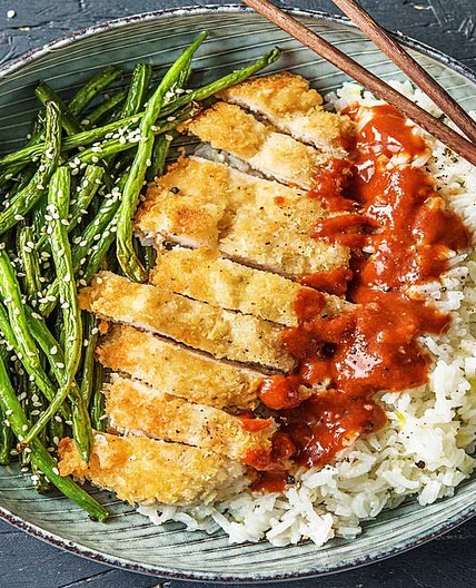 Japanese Panko Chicken with Sesame Green Beans and Tonkatsu-Style Sauce