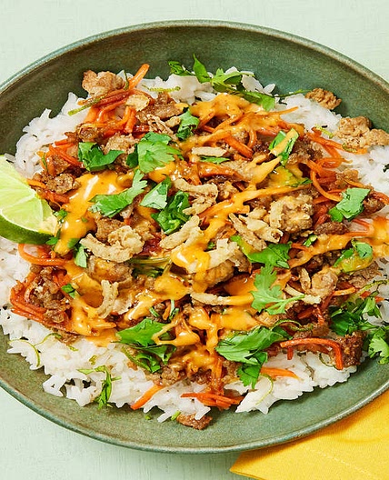 Sesame-Soy Pork Bowls with Chili Mayo, Cilantro & Crispy Onions