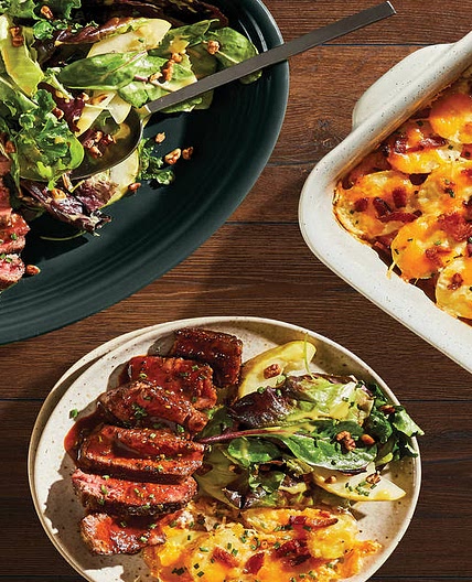 Beef Au Poivre & Cheesy Potato Gratin with a Pear & Pecan Salad