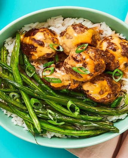 Firecracker Meatballs with Roasted Green Beans & Jasmine Rice