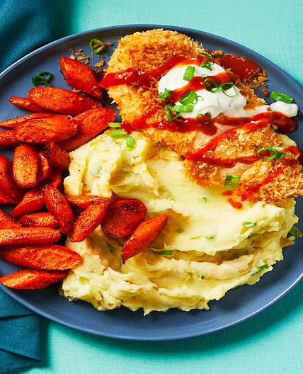 Crispy Buffalo-Spiced Chicken with Blue Cheese Sauce, Scallion Mashed Potatoes & Roasted Carrots