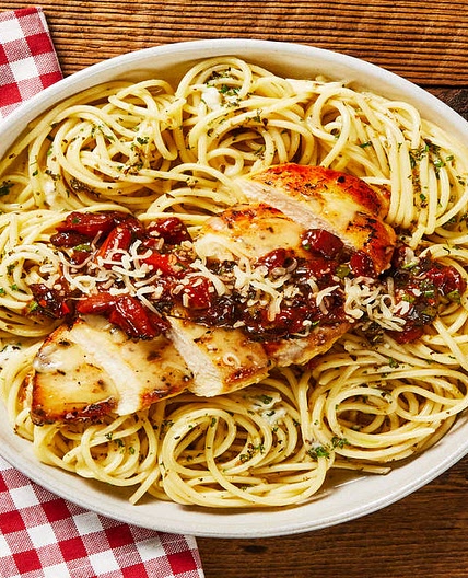 Balsamic Tomato & Herb Chicken over Buttery Garlic Spaghetti