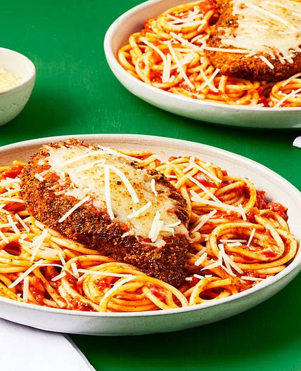 Chicken Parm Over Spaghetti with Garlic Marinara & Melty Mozz