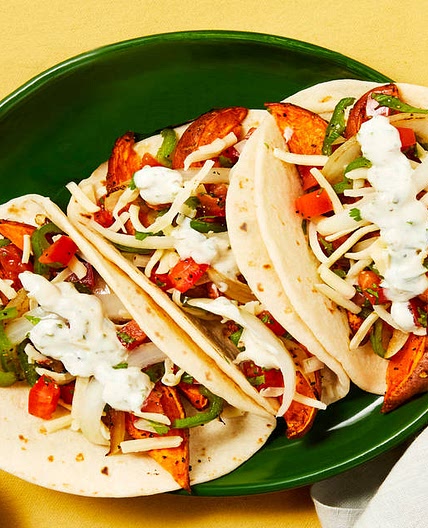 Sweet Potato Fajitas with Pepper Jack, Pickled Onion & Lime Crema