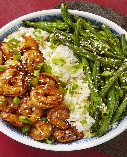 Sizzling Hoisin Shrimp with Ginger Scallion Rice & Crispy Green Beans
