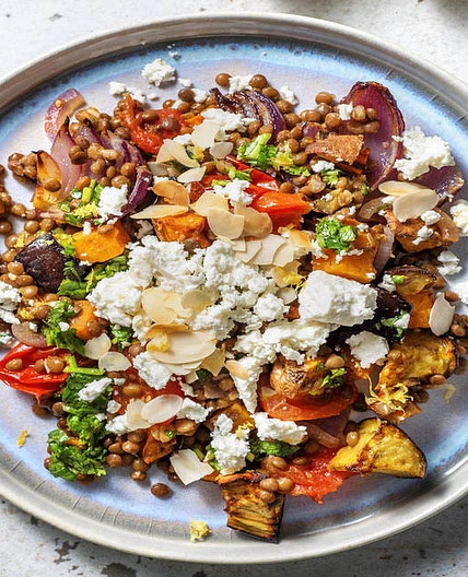 Roasted Veggie & Lentil Jumble with Feta, Toasted Almonds and Herby Drizzle